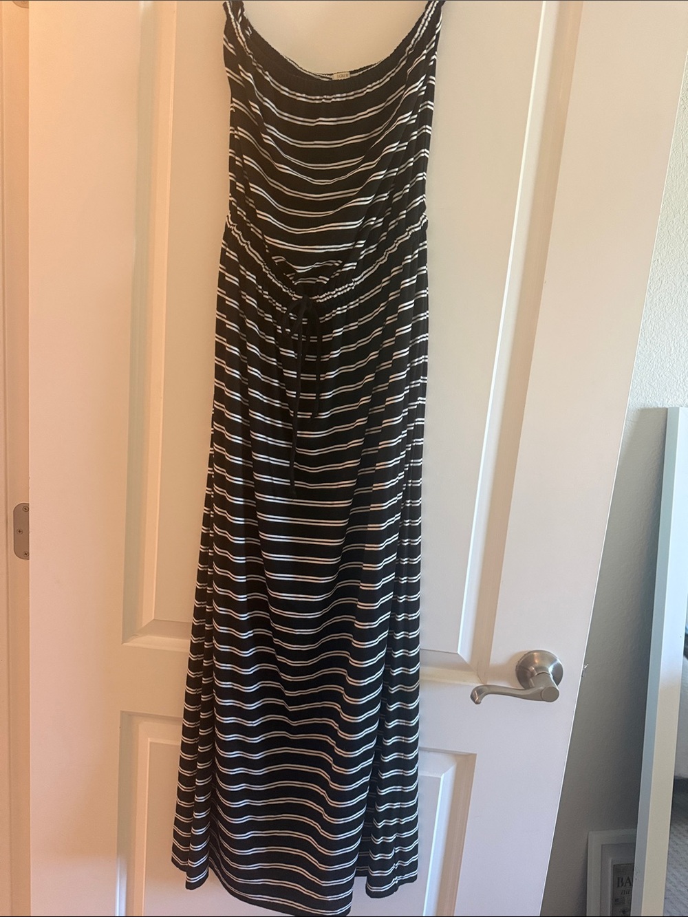 Never worn J. Crew Black and White Striped Strapless tie-waist Maxi Dress